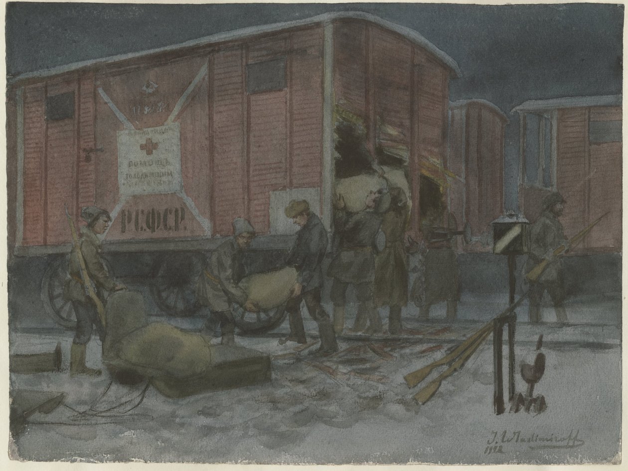 Vasúti kocsit raboló katonák az akvarellsorozatból Orosz forradalom, 1922 alkotó: Ivan Alexeyevich Vladimirov