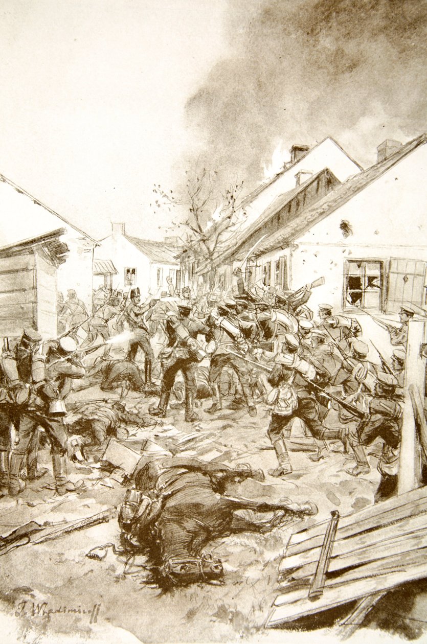 Mindent elsöpör előttük a bajonettel: orosz katonák rohamozzák meg Jaroslav (litho) külvárosát alkotó: Ivan Alexeyevich Vladimirov