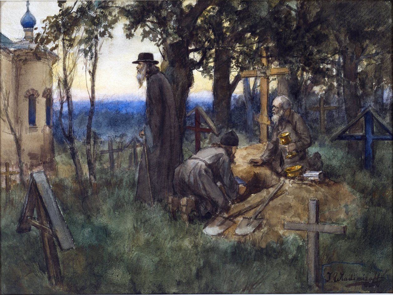 Vlagyimir Ivan Alekszejevics (1869-1947) temetőjében a papok egyházi kincseket rejtenek egy új sírban. Akvarell, gouache, papír alkotó: Ivan Alexeyevich Vladimirov