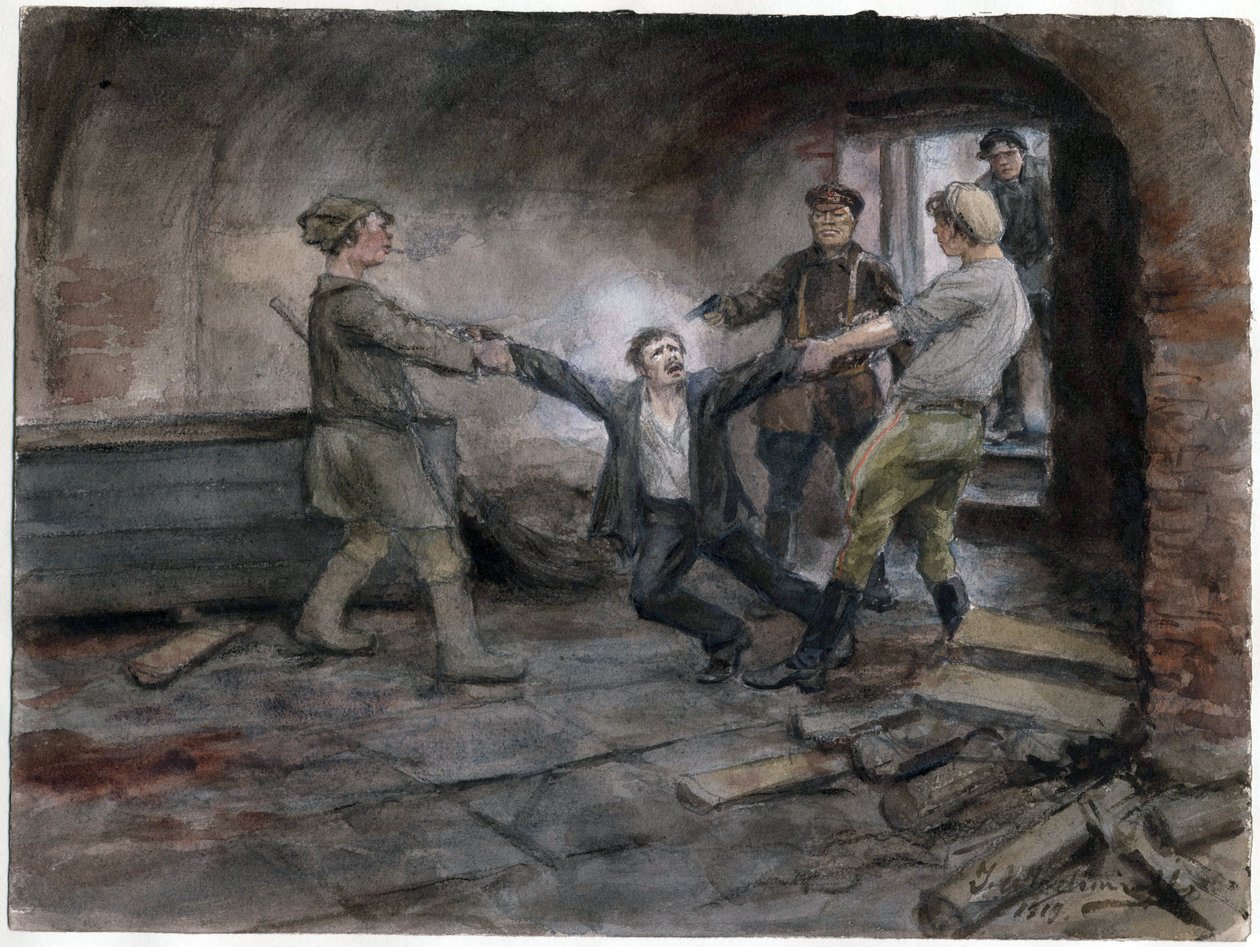 Un detenu emmene pour etre execute - Fogvatartott és kivégzett ember (az orosz forradalom akvarellsorozatból) - Vladimirov, Ivan Alekszejevics (1869-1947) - 1919 - Akvarell papíron - 25,7x34,5 - Magángyűjtemény alkotó: Ivan Alexeyevich Vladimirov
