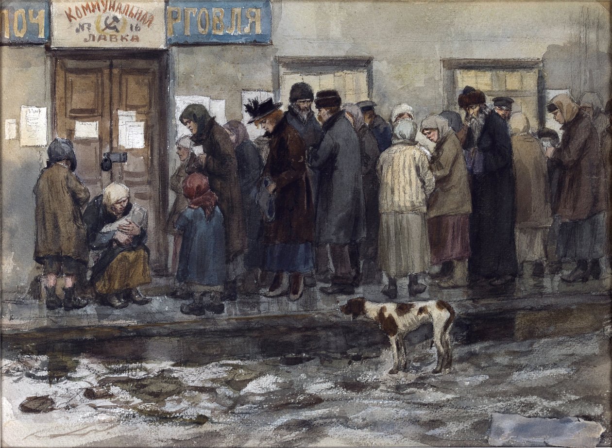 Vlagyimir Ivan Alekszejevics (1869-1947) nyolcad font kenyerét várja. Akvarell, gouache, papír alkotó: Ivan Alexeyevich Vladimirov