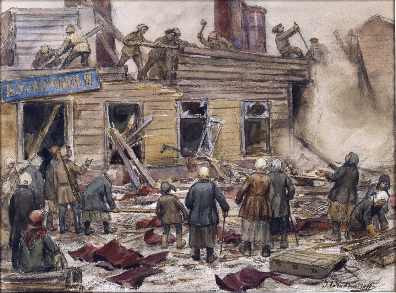 Vlagyimir, Ivan Alekszejevics (1869-1947) faházakat bontó munkások tüzelőanyagért. Akvarell, gouache, papír alkotó: Ivan Alexeyevich Vladimirov