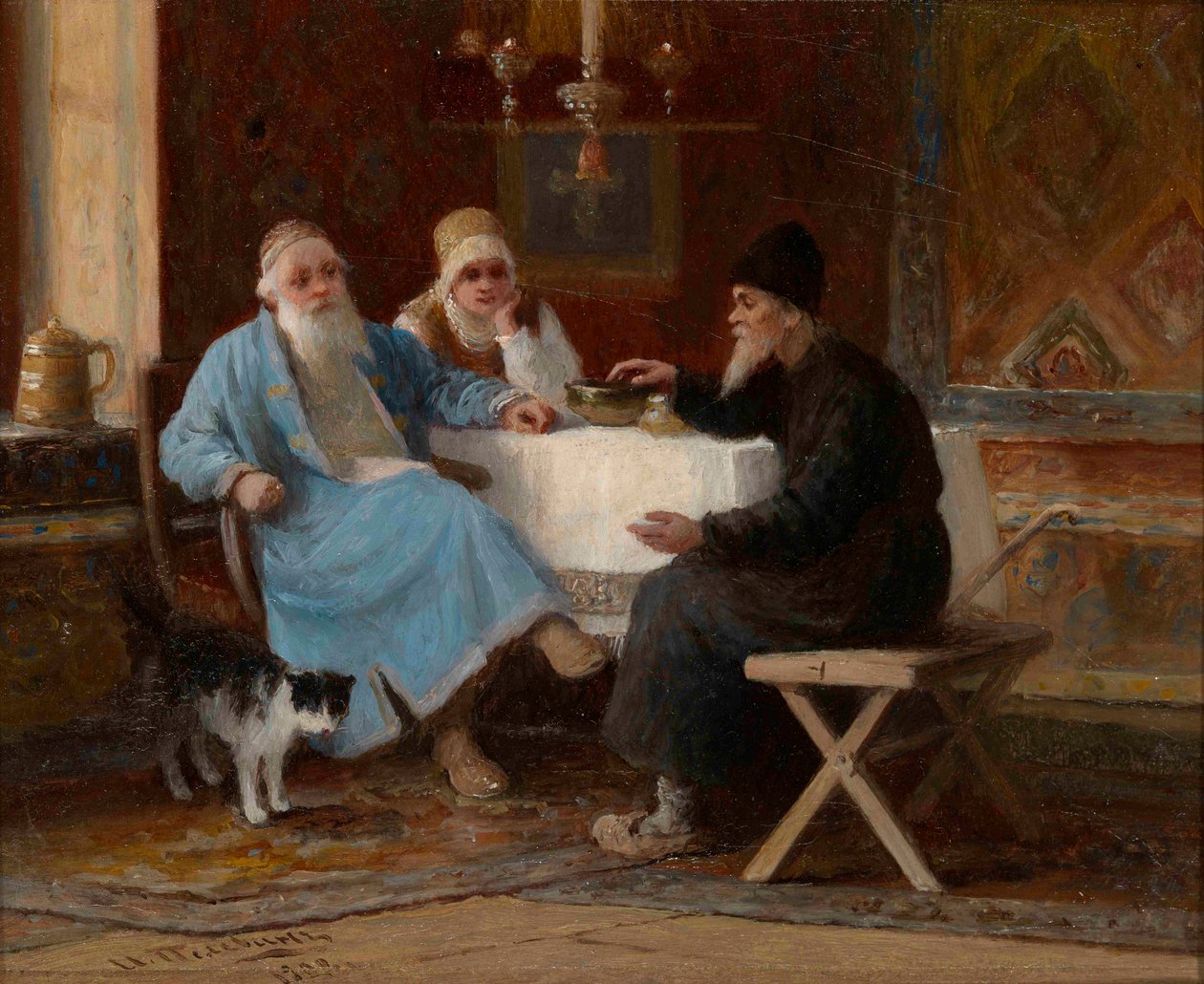 ""Beszélgetés"" Három figura egy asztalnál - Ivan Andrejevics Pelevin (1840-1917) festménye 1909 Méret 15x20 cm Magángyűjtemény alkotó: Ivan Andreevich Pelevin