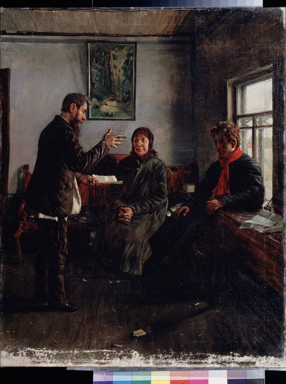 Az ügyvédi irodában. Ivan Anisimovich Mukhin (1876-1944) festménye, olaj, vászon, 19. századi orosz művészet. Állami Regionális I. Pozhalostin Művészeti Múzeum, Rjazan (Oroszország) alkotó: Ivan Anisimovich Mukhin