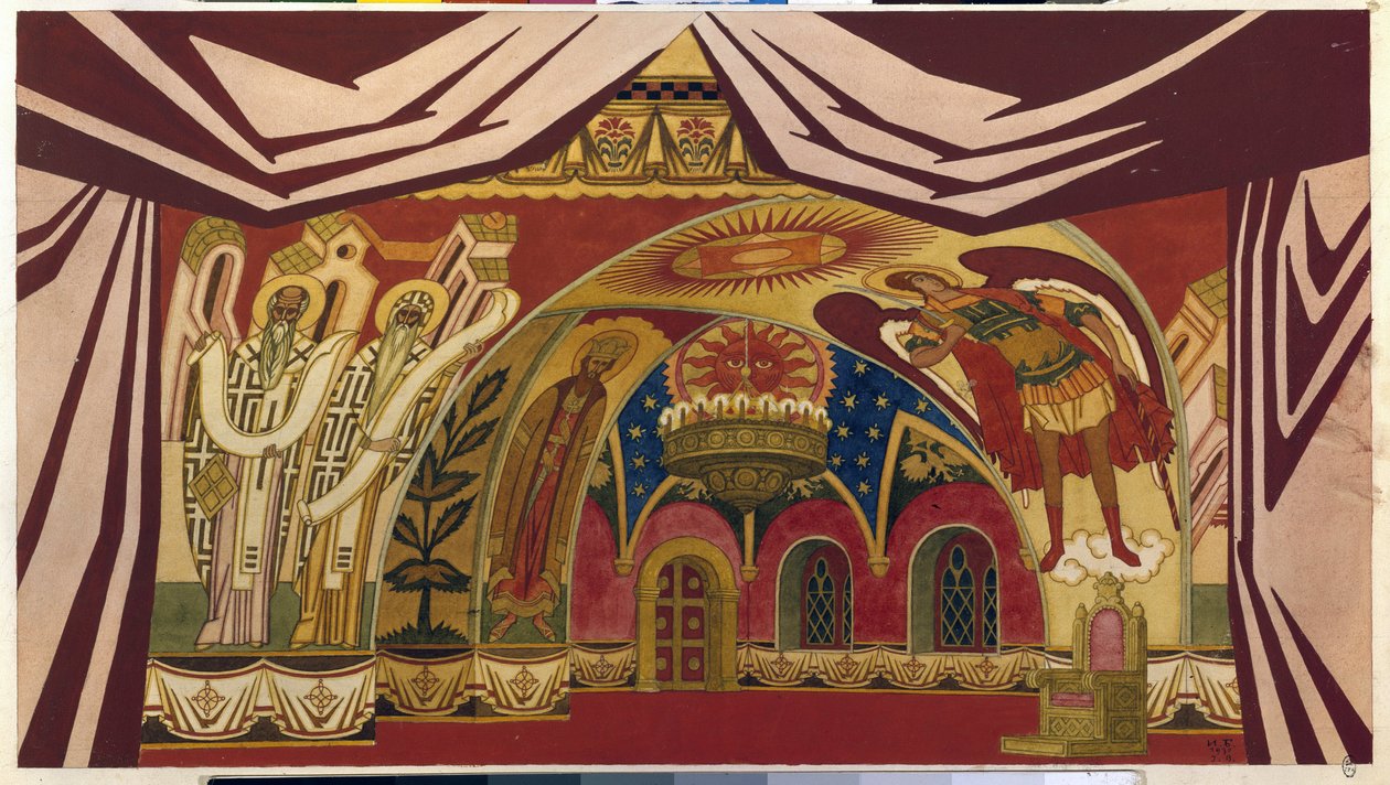 Dekoráció Nicolas (Nikolaj) Rimszkij Korszakov (Rimszkij-Korszakov) (1844-1908) "A cár menyasszonya" című operájához. Ivan Jakovlevics Bilibin (Bilibin) (1876-1942) munkája, akvarell és gouache papíron alkotó: Ivan Yakovlevich Bilibin
