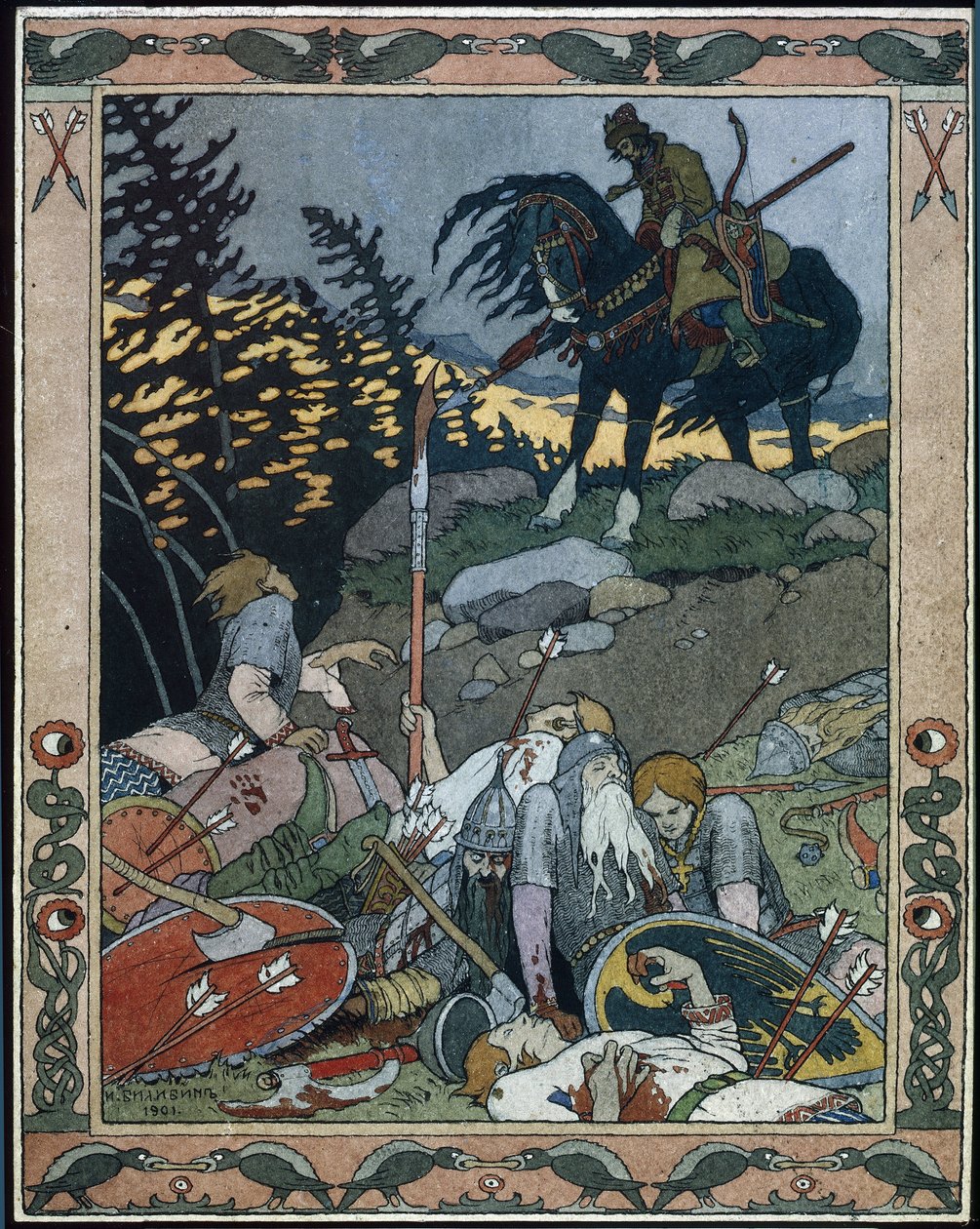 Illusztráció a Maria des mers (Marya Morevna mese illusztrációja) című meséhez. Iván herceg felfedezi a hadsereget, amelyet Mária Morevna, a harcos királynő legyőzött. Ivan Jakovlevics Bilibin (Bilibin) (1876-1942) munkája, akvarell és tus papíron alkotó: Ivan Yakovlevich Bilibin