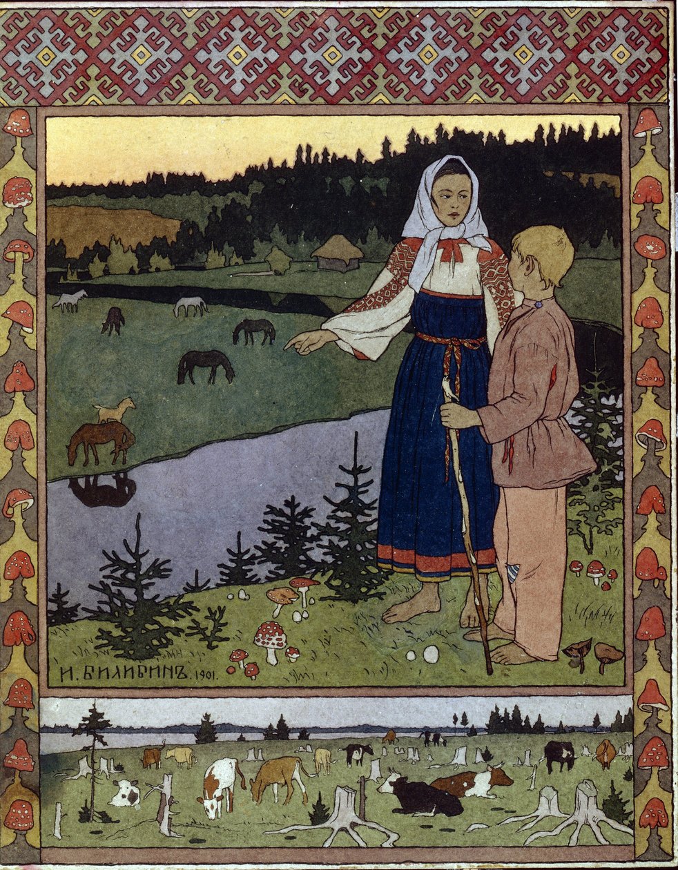 Illusztráció az Alyonouchka és Ivanouchka című hagyományos meséhez. Ivan Jakovlevics Bilibin (Bilibin) (1876-1942) munkája, litográfia alkotó: Ivan Yakovlevich Bilibin