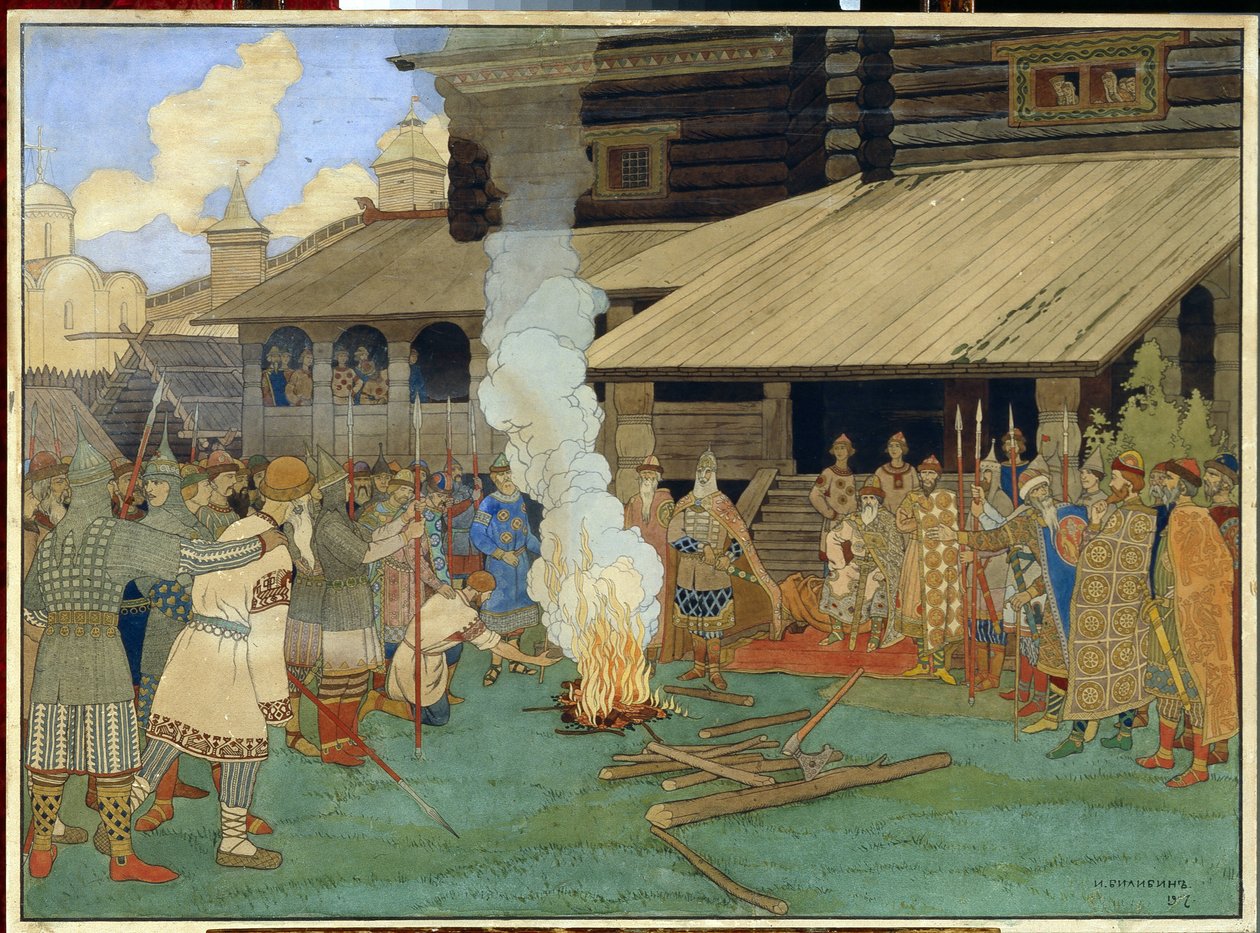 Az igazságszolgáltatás a Kijevi Ruszban. A köztéren a Bölcsnek nevezett Jaroszlav Vlagyimirovics herceg (978-1054) idején, a megpróbáltatások, Isten ítéletének színhelyén a vádlott letérdel alkotó: Ivan Yakovlevich Bilibin