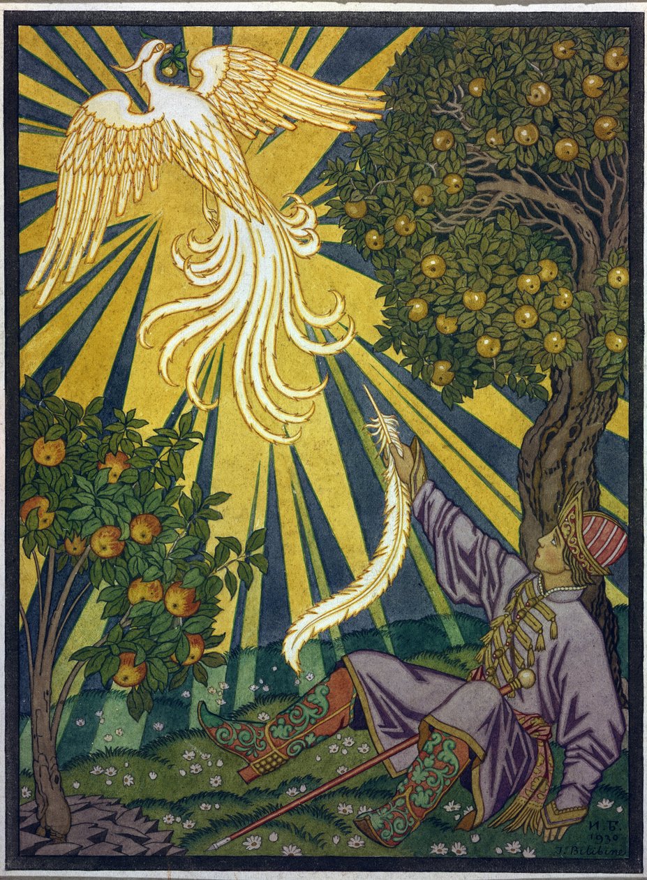A herceg tollat ​​ragad a tűzmadártól. Illusztráció az "Ivan Tsarevics, a tűzmadár és a szürke farkas" című meséhez. Ivan Jakovlevics Bilibin (Bilibin) (1876-1942) munkája, akvarell és gouache papíron. Orosz művészet, XX. század, szimbolika. alkotó: Ivan Yakovlevich Bilibin