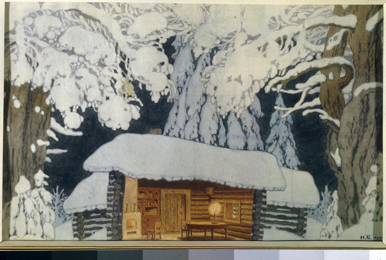 Faház a havas erdőben. Deco a "Suvorov parancsnok" című darabhoz. Ivan Jakovlevics Bilibin (Bilibin) (1876-1942) munkája, akvarell és gouache papíron alkotó: Ivan Yakovlevich Bilibin