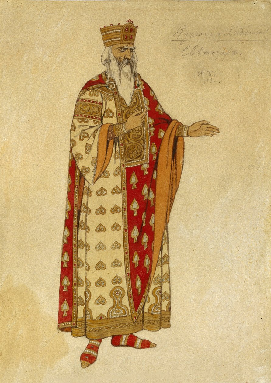 Jelmezterv Mihail Igor Glinka (1804-1857) "Ruslan és Ludmila" című operájához. Ivan Yakolevich Bilibin (Bilibin) festménye (1876-1942) alkotó: Ivan Yakovlevich Bilibin