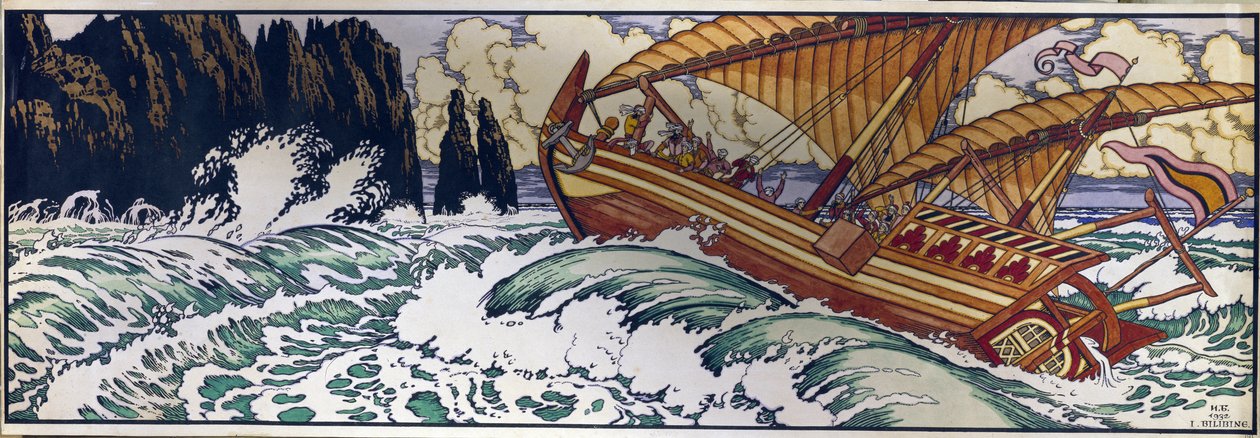 Szindbád, a tengerész. Illusztráció az Ezeregyéjszaka tradicionális arab meséhez. Ivan Jakovlevics Bilibin (Bilibin) (1876-1942) munkája, akvarell papíron alkotó: Ivan Yakovlevich Bilibin