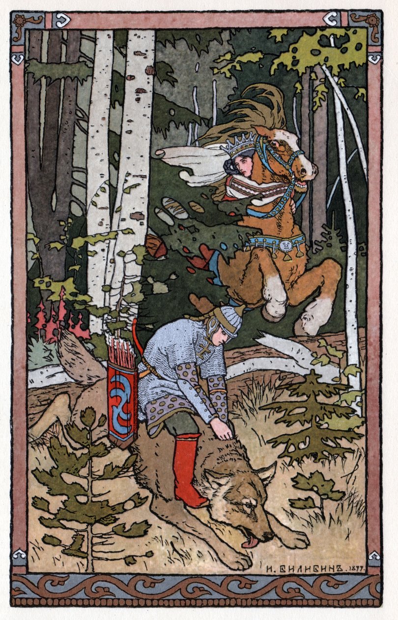 Iván cárevics, a tűzmadár és a szürke farkas, 1899 körül (kőnyomat) alkotó: Ivan Yakovlevich Bilibin