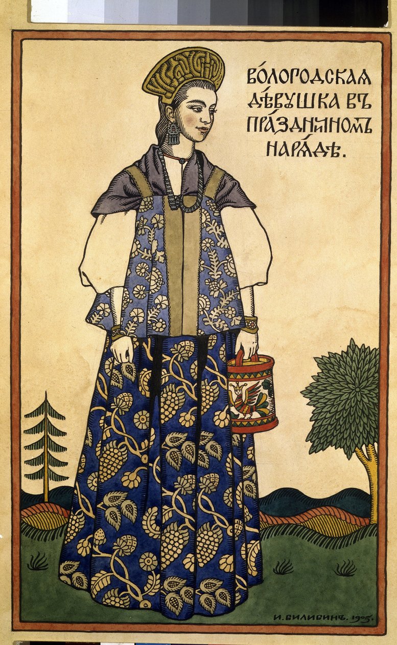 Vologdai fiatal hölgy ünnepi ruhában. (Egy leány Volodából ünnepi ruhában). Kokochnikot, magas fejdíszt és szarafán, egyenes ujjatlan ruhát visel a Moszkvától északra fekvő régióból. Ivan Jakovlevics Bilibin (Bilibin) (1876-1942) munkája, mert alkotó: Ivan Yakovlevich Bilibin
