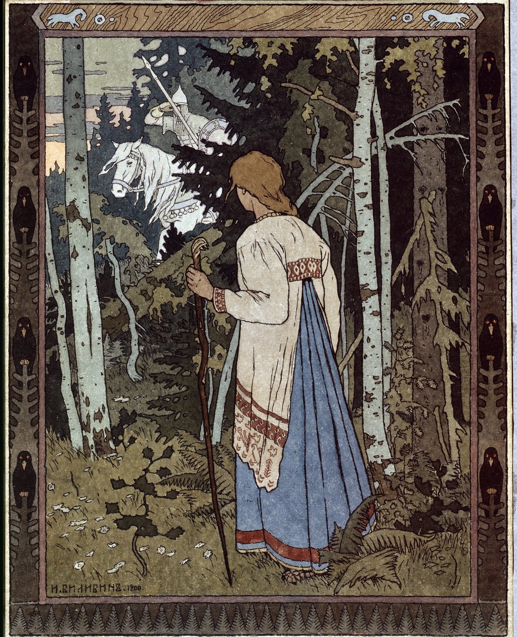 Vaszilissa a legszebb és a fehér lovas. (Szép Vasilisa és a fehér lovas). (Hagyományos orosz mese). Ivan Jakovlevics Bilibin (Bilibin) (1876-1942) munkája, litográfia alkotó: Ivan Yakovlevich Bilibin