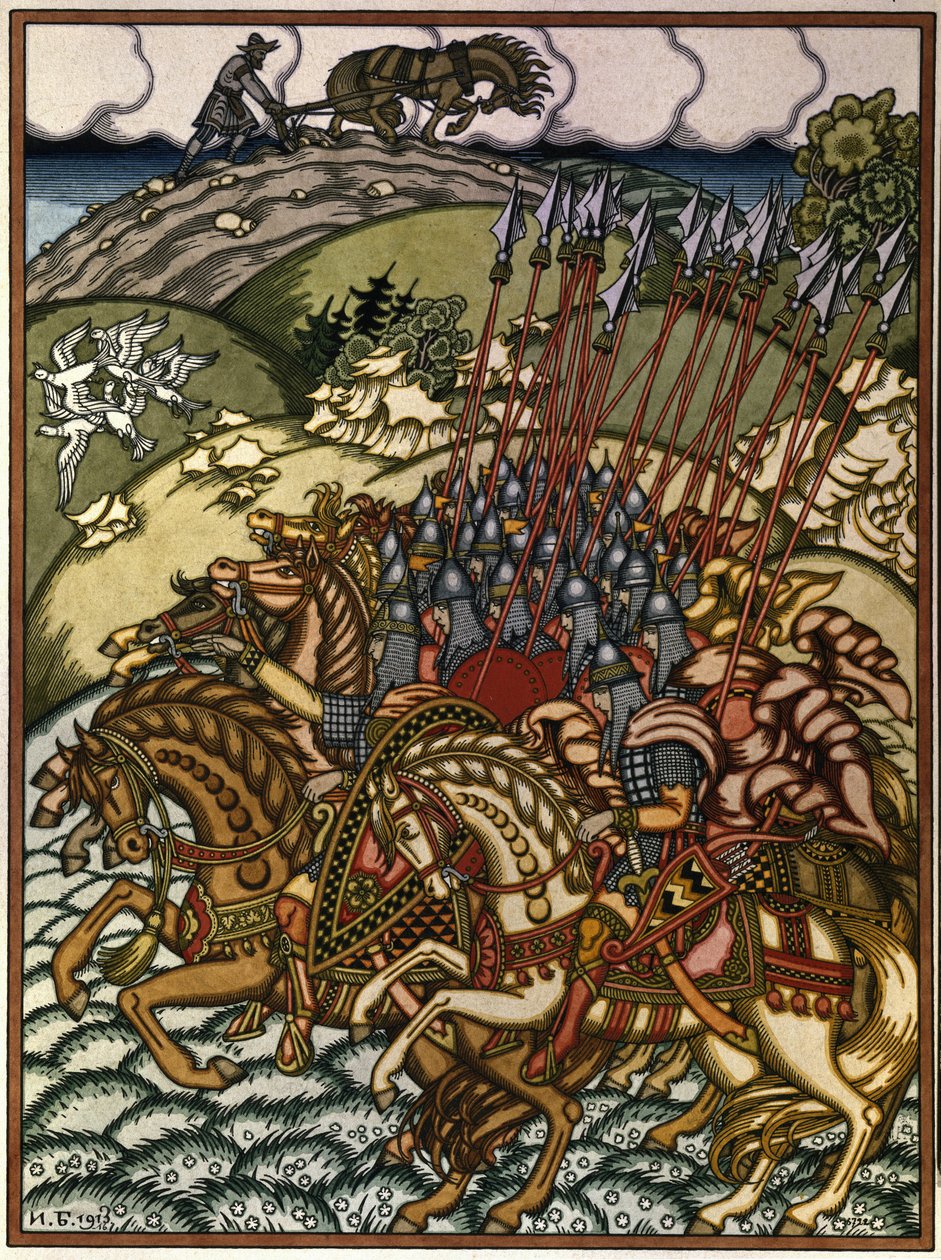 Volga Szvjatoszlavics (Vseslav de Polotsk (vers 1039-1101), nagyherceg de Kijev de 1068 és 1069) és Mikula Seljaninovics (?). Ivan Yakovlevich Bilibin (Bilibine) (1876-1942) életműve, litográfia alkotó: Ivan Yakovlevich Bilibin