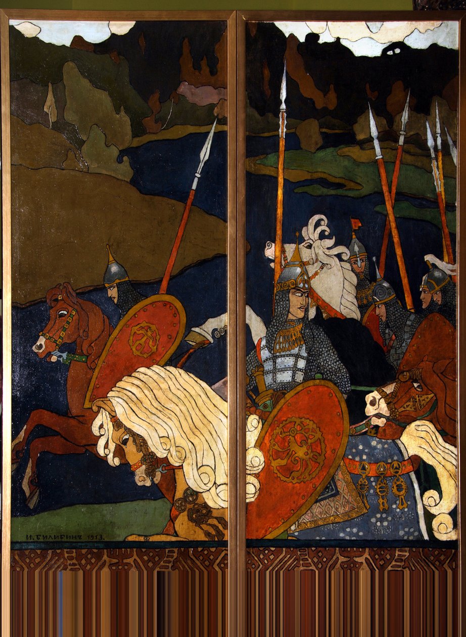 Volga Szvjatoszlavics és serege. (Oroszország legendás hőse, Vlagyimir I. Szvjatoszlavics (958-1015), Kijev hercege, a Nagy vagy Vörös Nap néven ismert). Ivan Jakovlevics Bilibin (Bilibin) (1876-1942) festménye, olaj, vászon alkotó: Ivan Yakovlevich Bilibin