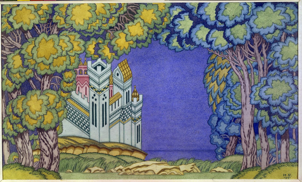 Operadekoráció a "Saltán cár meséjéhez", a Buyan-sziget, Miklós (Nikolaj) Rimszkij Korszakov (Rimszkij-Korszakov) (1844-1908) alkotó: Ivan Yakovlevich Bilibin