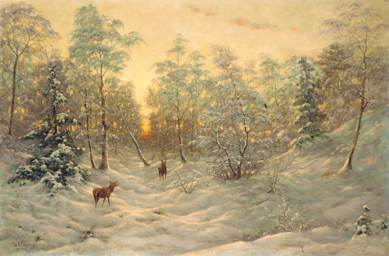 Szarvas a havas tájon alkonyatkor alkotó: Ivan Fedorovich Choultse