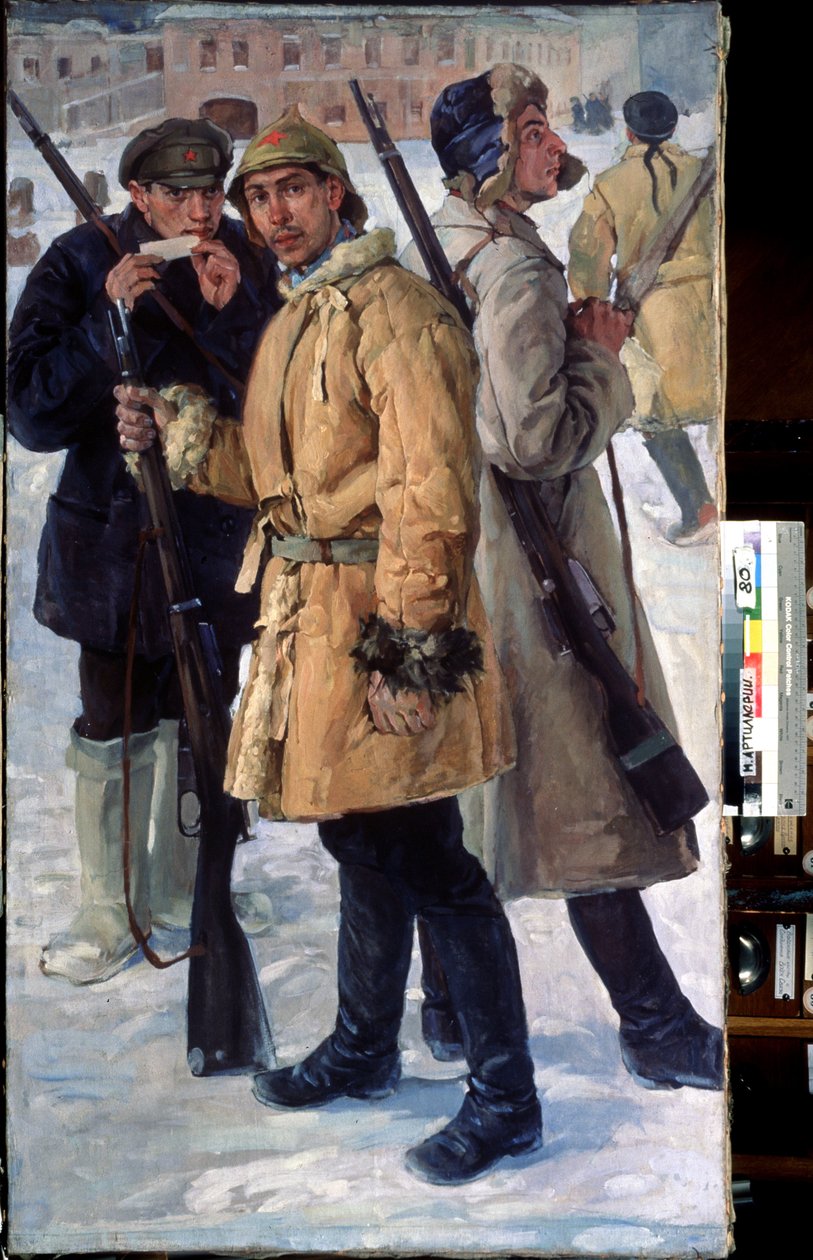 "A Vörös Hadsereg katonái" Ivan Drozdov (1880-1939) festménye, 1918 Állami Központi Tüzérségi Múzeum, Szentpétervár alkotó: Ivan Georgievich Drozdov