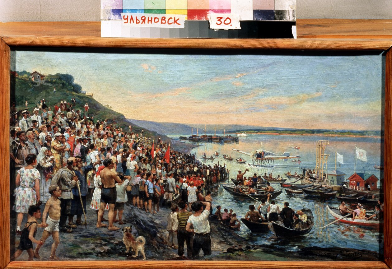 ""Hidroplán leszállás Uljanovszkban 1927-ben"" Ivan Guriev (1875-1943) festménye 1927 Regionális Művészeti Múzeum, Szimbirszk alkotó: Ivan Gouriev