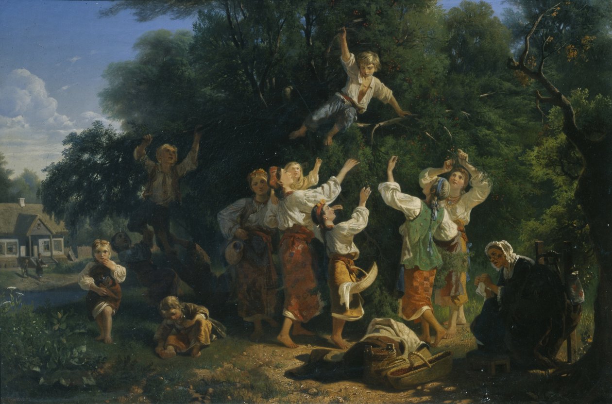 Cseresznyeszüret egy földbirtokos gyümölcsös kertjében Ukrajnában, 1858 alkotó: Ivan Ivanovich Sokolov