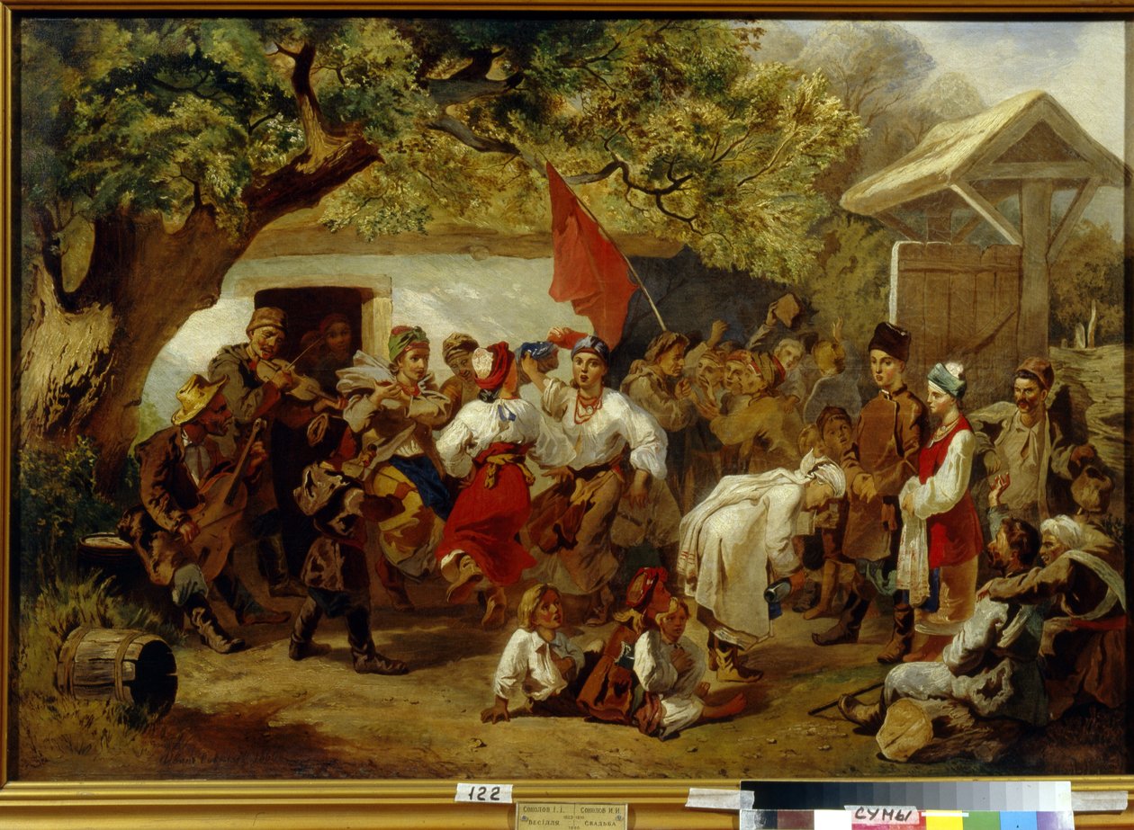Az esküvői étkezés. (Az esküvői fesztivál). Ivan Ivanovics Szokolov (1823-1918) festménye, olaj, vászon alkotó: Ivan Ivanovich Sokolov