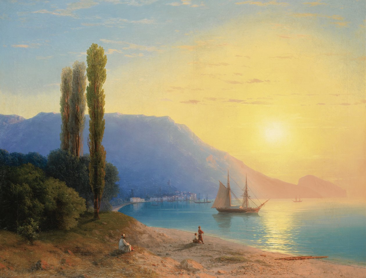 ""Naplemente Jalta felett a Krím-félszigeten"" (Naplemente Jalta felett) Ivan Konstantinovics Aivazowski festménye (Aivazovsky 1817-1900) 1861 - Olaj, vászon Mérete 67x89 cm Magángyűjtemény alkotó: Ivan Konstantinovich Aivazovsky