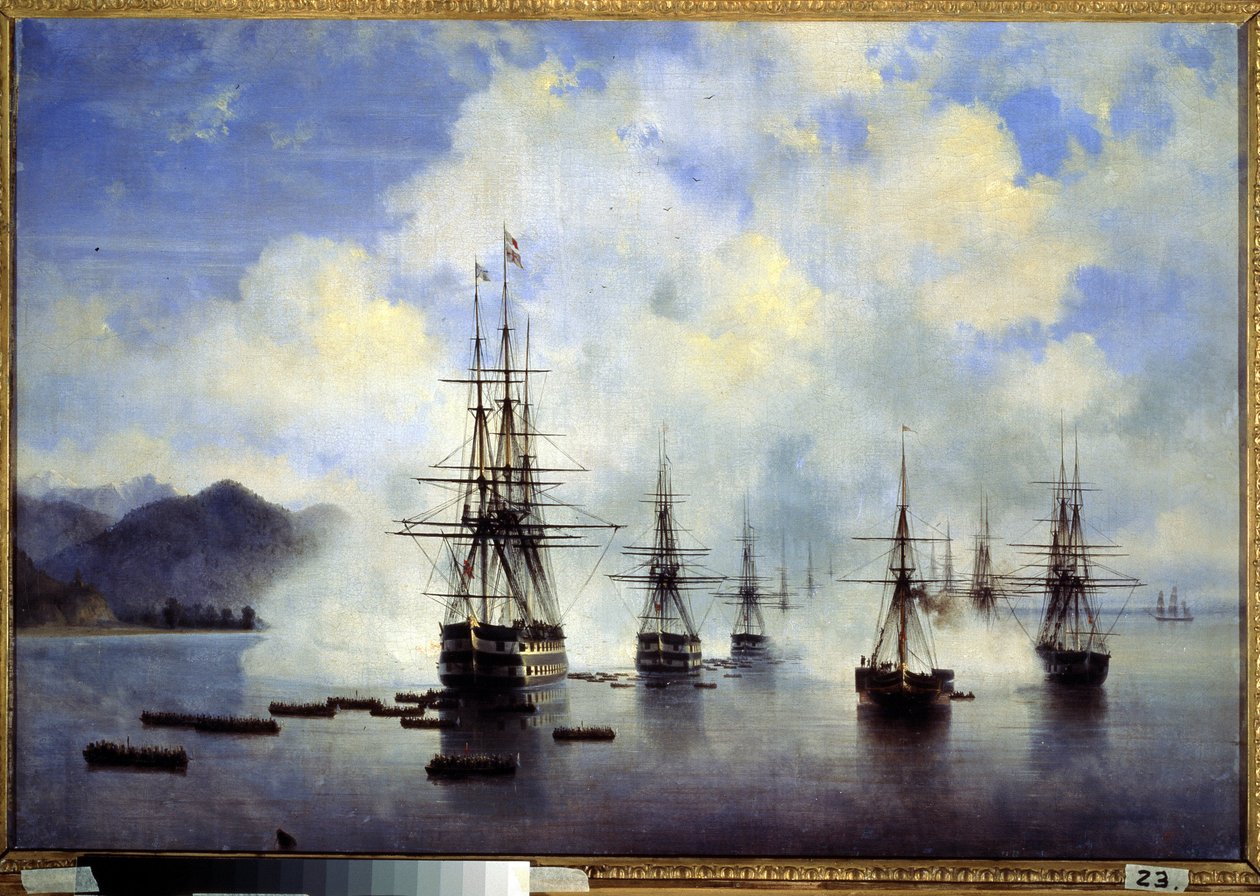 Nyikolaj Nyikolajevics Rajevszkij tábornok partraszállása Subasiban (Ukrajna) júliusban A Kaukázus meghódításának epizódja. Ivan Konstantinovics Aivazovsky festménye (Ivan Konstantin alkotó: Ivan Konstantinovich Aivazovsky