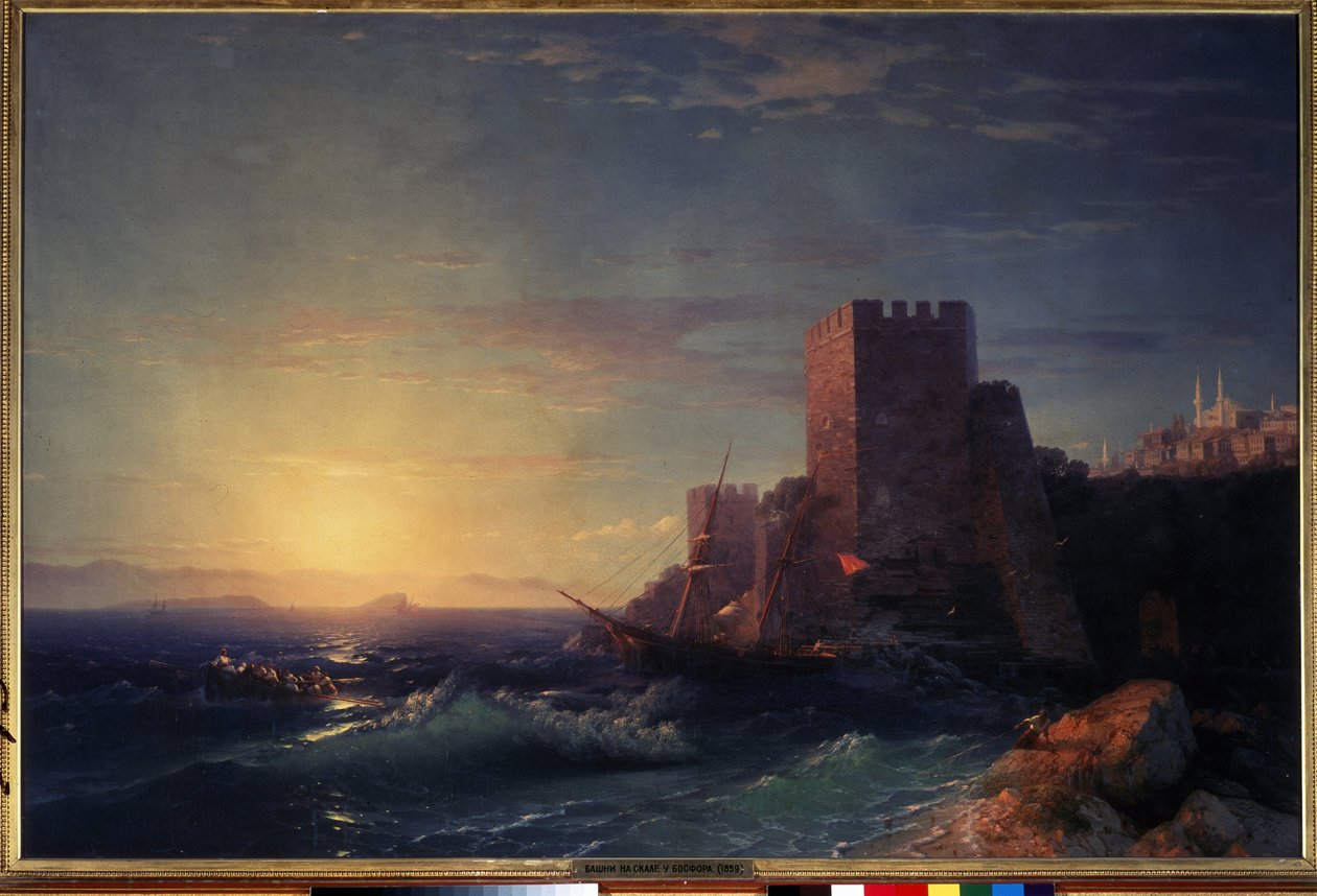 Tornyok a sziklákon a Boszporusz közelében (kilátás az isztambuli Rumeli Hisari erődből) (Tornyok a sziklákon a Boszporusz közelében). Ivan Konstantinovics Aivazosky festménye (Ayvaovsky alkotó: Ivan Konstantinovich Aivazovsky