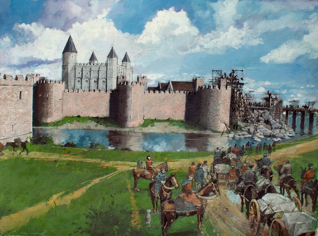 A londoni Tower rekonstruált látképe északnyugatról, amelyen III. Henrik király 1300-ban összeomlott kapuja látható. alkotó: Ivan Lapper