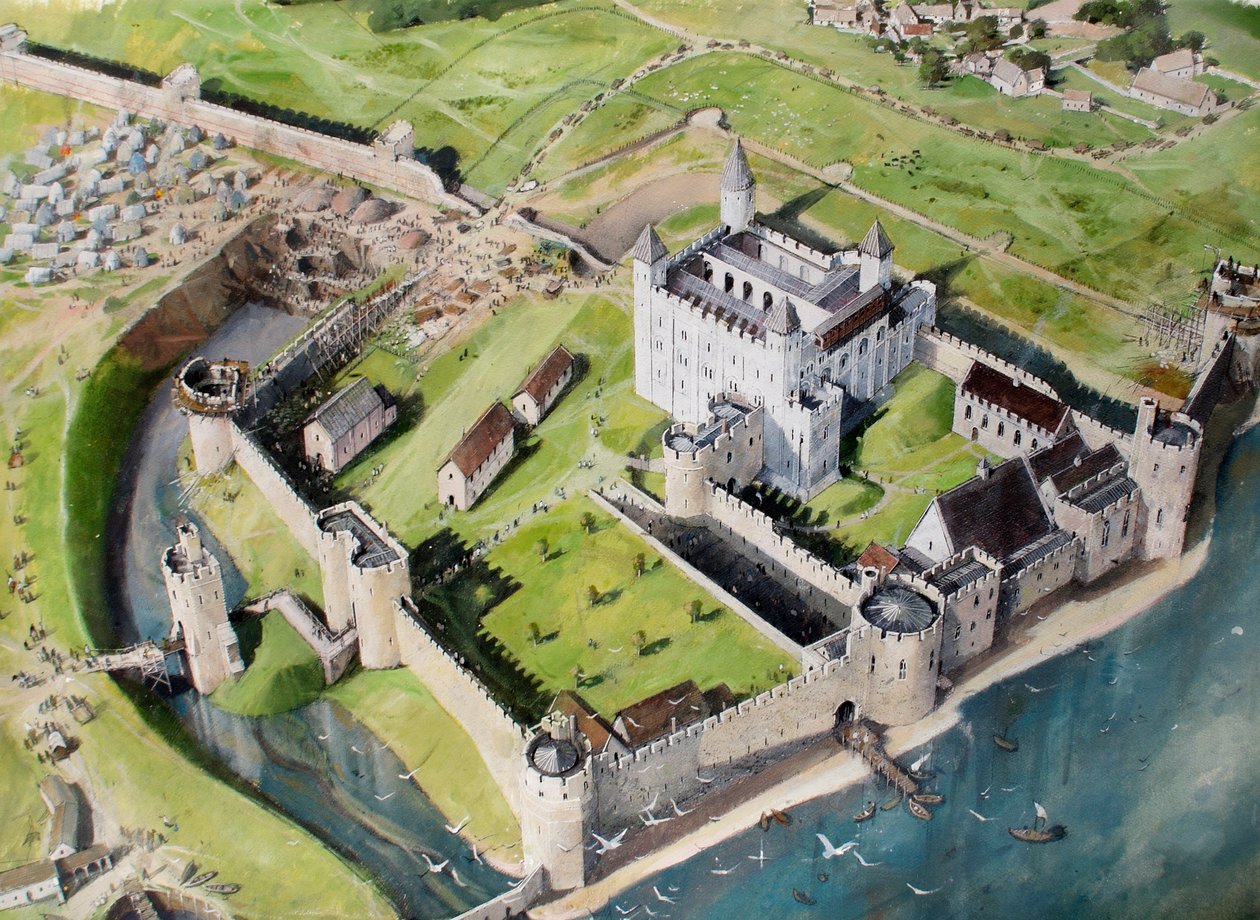 A londoni Tower rekonstruált látképe délnyugat felől 1240 táján alkotó: Ivan Lapper