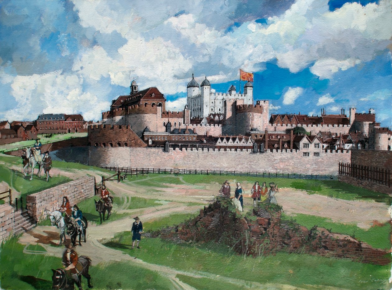 A londoni Tower rekonstruált látképe nyugatról 1700 körül. alkotó: Ivan Lapper