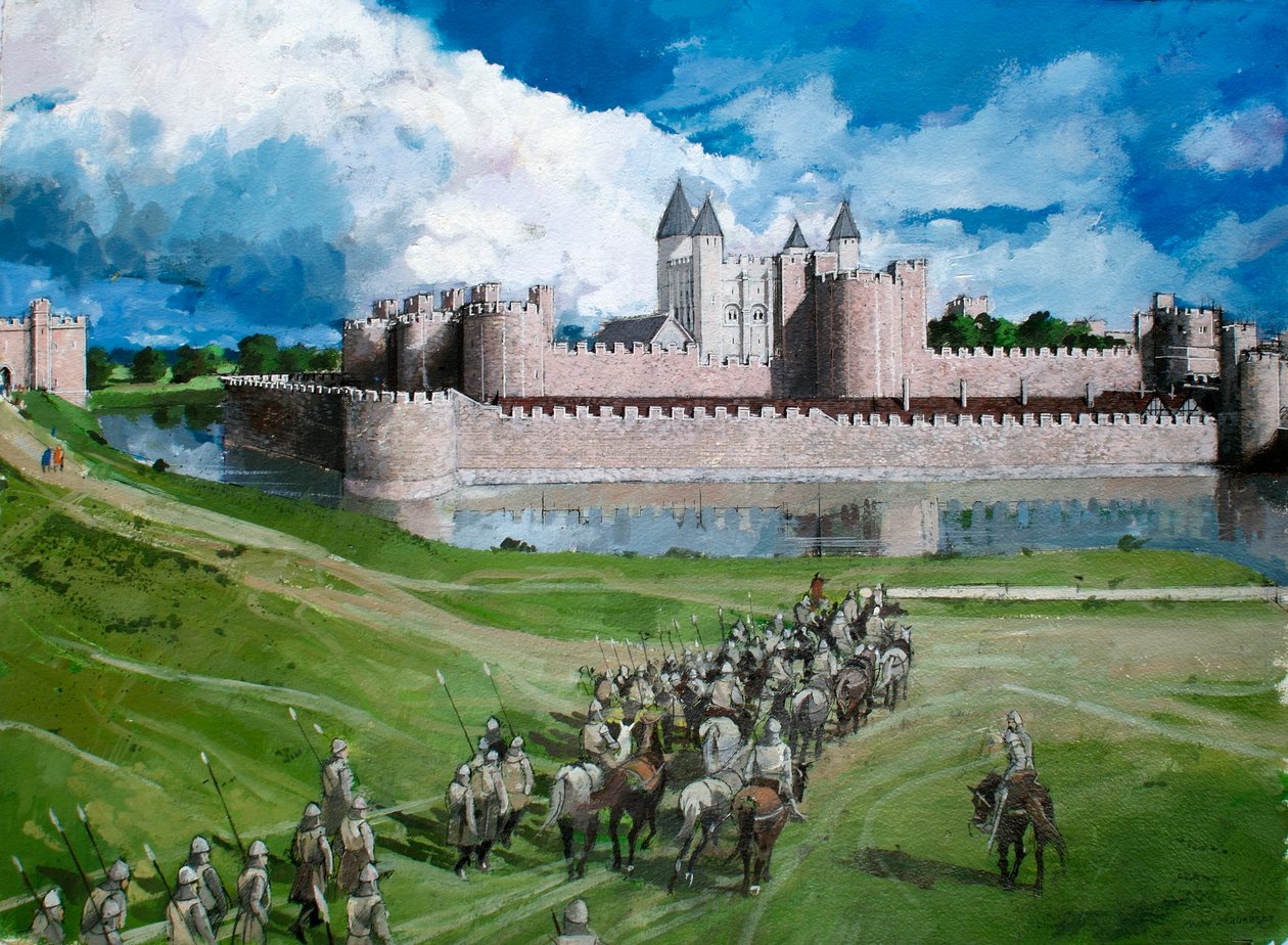 A londoni Tower rekonstruált látképe, amely I. Edward király befejezett külső függönyfalát mutatja 1300-ban. alkotó: Ivan Lapper