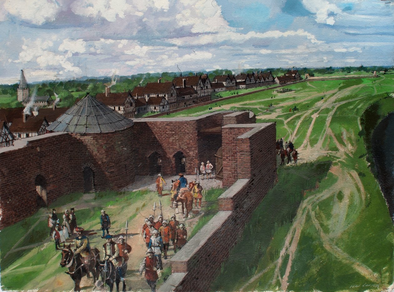 A londoni Tower rekonstruált látképe, amely a Byward Tower bejáratát és a Lion Tower-t mutatja az 1540-es években. alkotó: Ivan Lapper