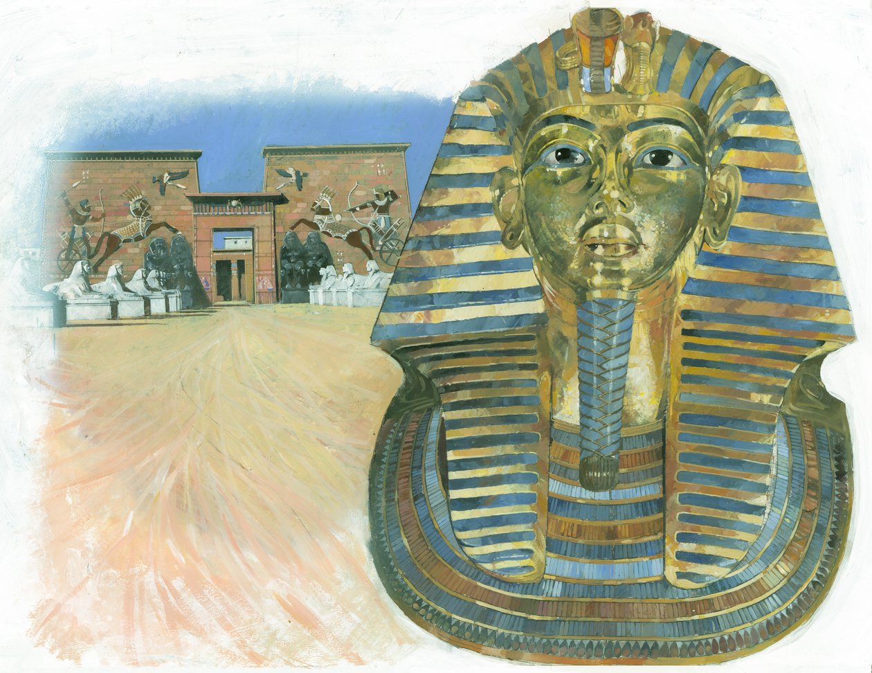 Tutanhamon egyiptomi fáraó múmiájának arany maszkja, háttérben egy ókori egyiptomi templomkomplexummal. alkotó: Ivan Lapper