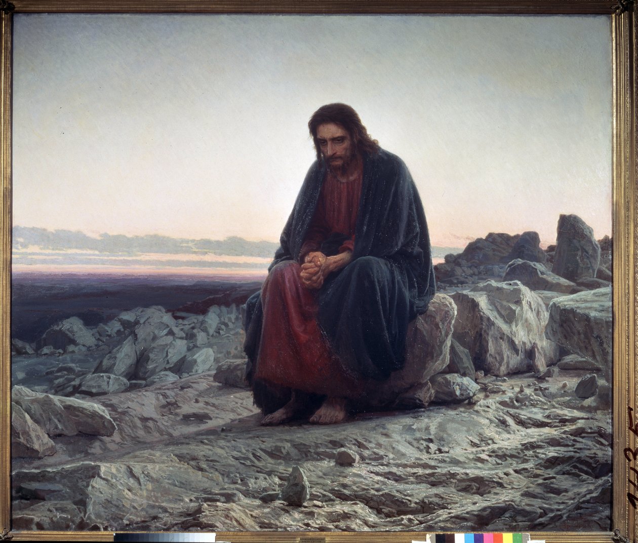 Krisztus a sivatagban (Krisztus a vadonban). Krisztus egy sziklán ül, kezét összekulcsolva, meditatív elmélkedésben. Ivan Nyikolajevics Kramskoi (1837-1887) festménye, olaj, vászon alkotó: Ivan Nikolaevich Kramskoy