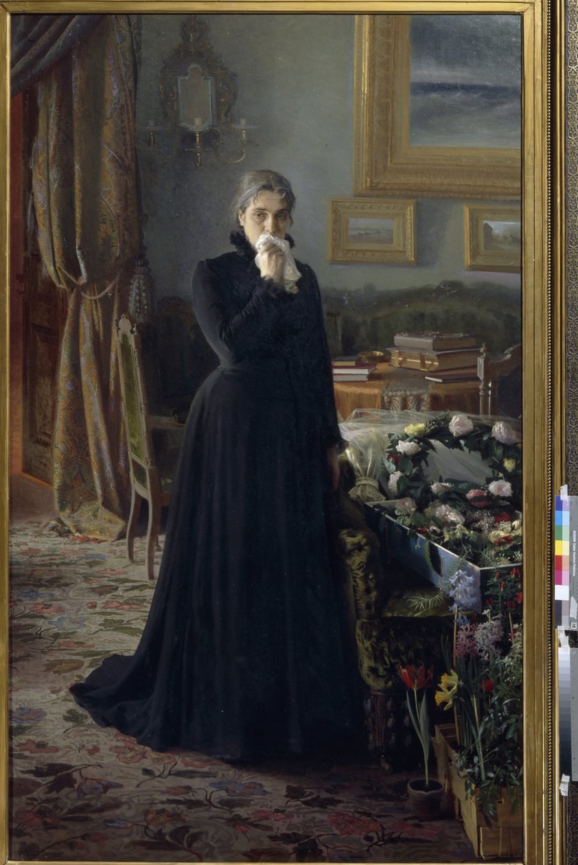 Vigasztalhatatlan gyász (egy nő, gyászban, virágkoszorúkkal borított koporsó mellett áll) (Vigasztalhatatlan bánat) - Ivan Nikolajevics Kramskoi (1837-1887) festménye, olaj, vászon (228x141 cm) alkotó: Ivan Nikolaevich Kramskoy