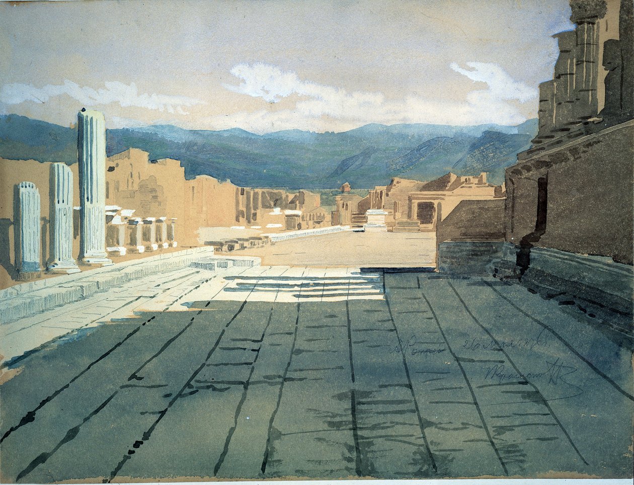 Pompei (Olaszország) (Pompei). Kilátás a római romok fórumára a Nápolyi-öbölben, a Vezúv előtt. Ivan Nyikolajevics Kramskoj (1837-1887) munkája, akvarell papíron alkotó: Ivan Nikolaevich Kramskoy