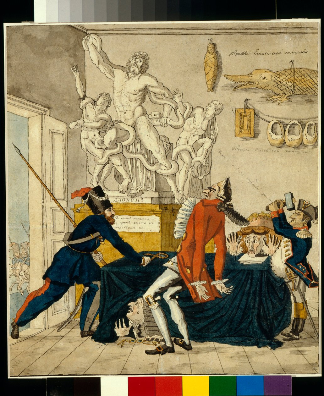 Napóleon Bonaparte (1769-1821) lopott holmikat árul, köztük a Laocoön csoportot - Ivan Ivanovics Terebenev (1780-1815) karikatúrája, tus és akvarell papíron alkotó: Ivan Nikolayevich Terebenev