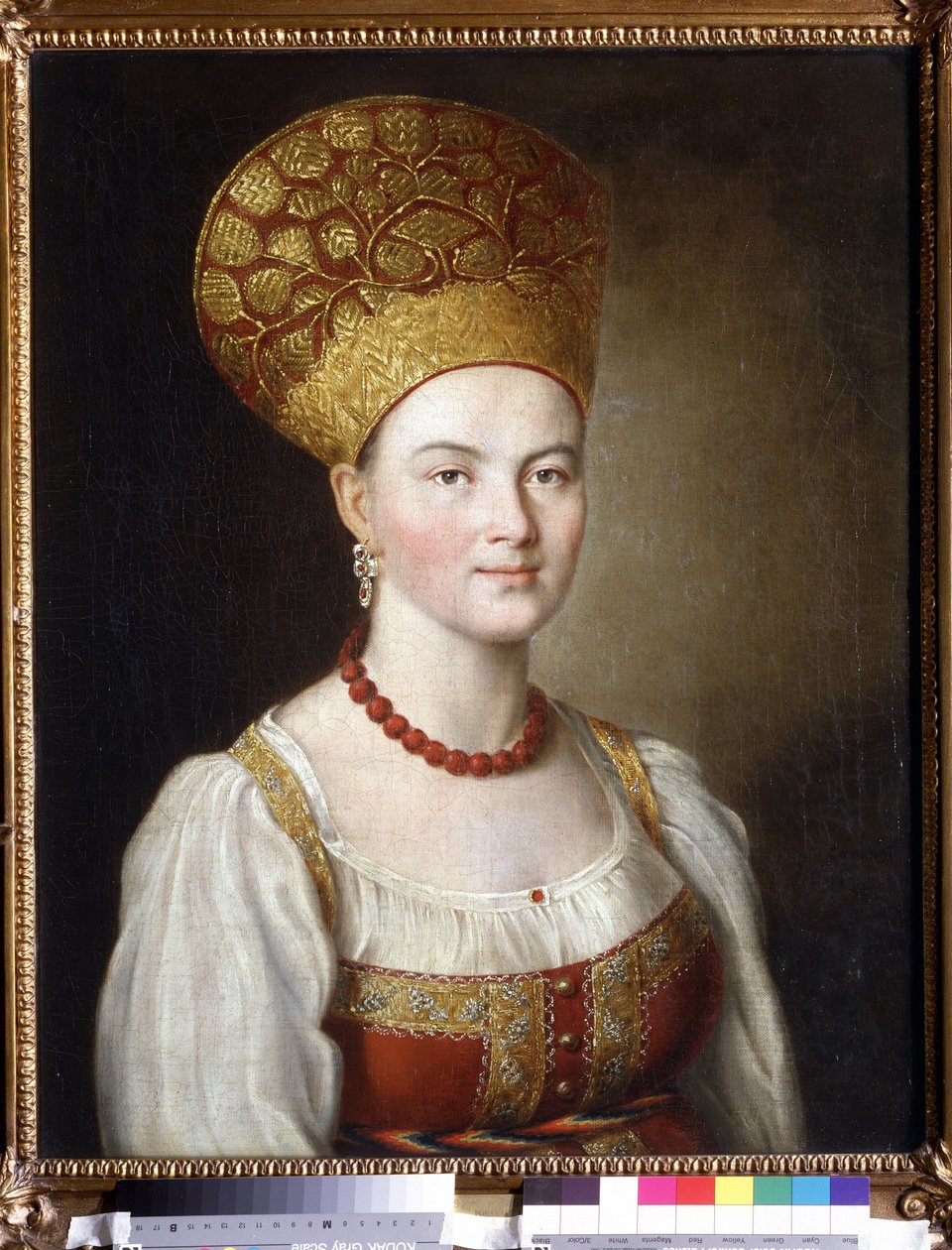 Orosz kosztümös nő portréja (Orosz ruhás női portré). Ivan Petrovics Argunov (Argunov) (1729-1802) festménye. Olaj, vászon, 67 x 53,6 cm alkotó: Ivan Petrovich Argunov