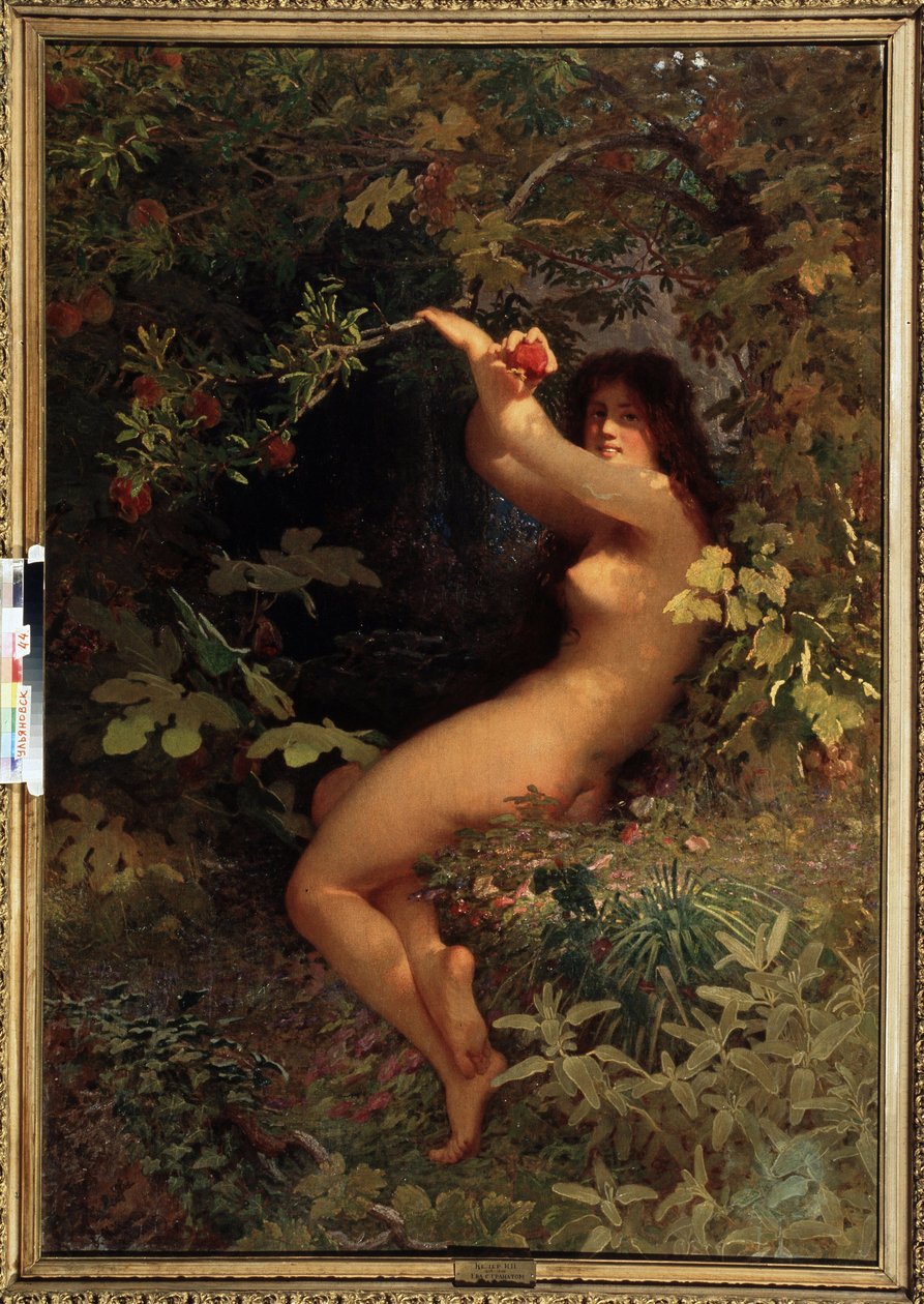 Éva gránátalmával (Eve with Pomegranate). Meztelen és csábító Éva az Édenkertben, a tudás gyümölcsét szedve. Ivan Petrovich Keler Viliandi (1826-1899) festménye, olaj, vászon alkotó: Ivan Petrovich Keler Viliandi