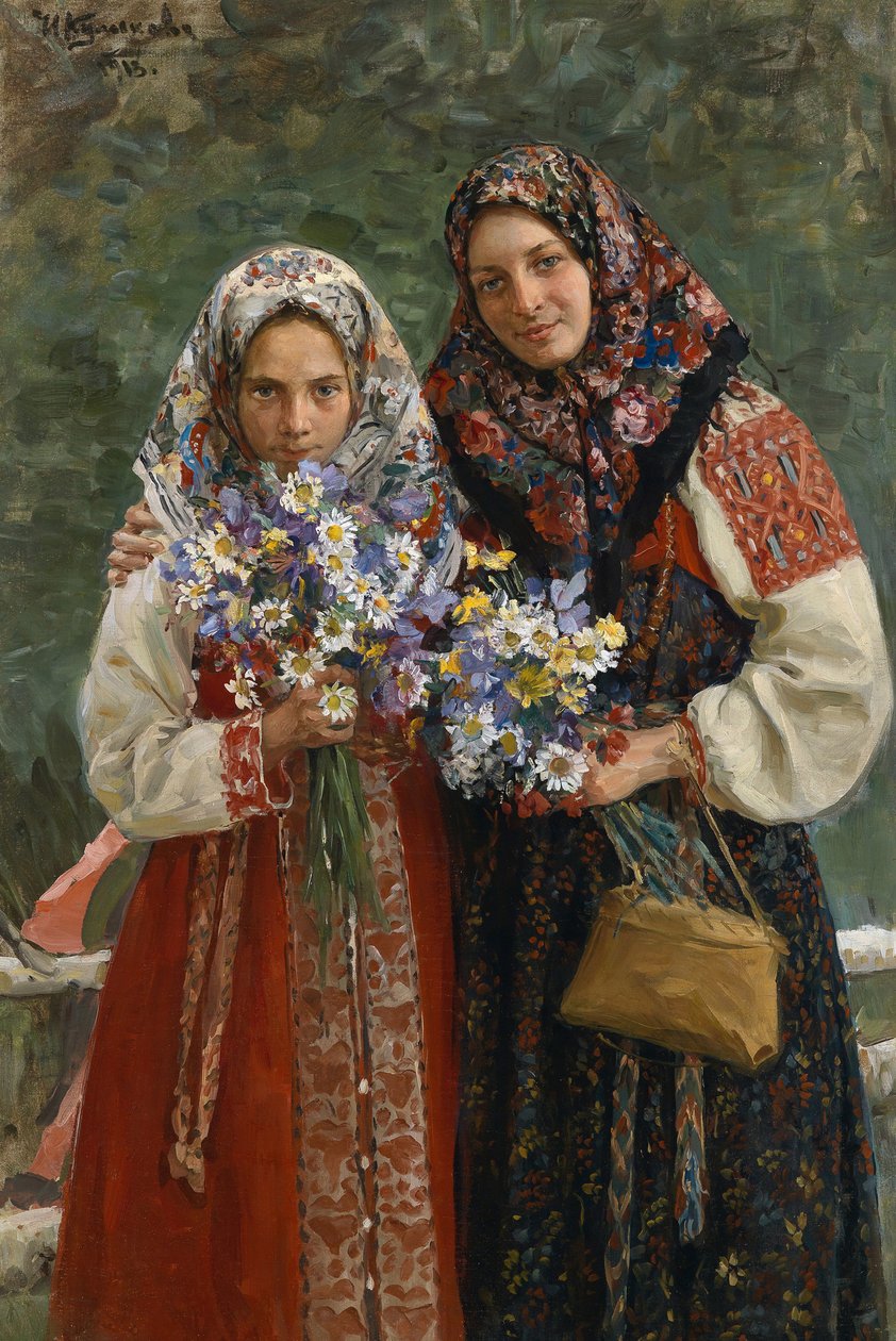 Vadvirágok. (MeadowFlowers). Egy anya és lánya, akik folklórruhájukban elegánsak, hajukat színes sállal takarják, vadvirágcsokrot tartanak a kezükben. Ivan Szemjonovics Kulikov (Koulikov) festménye (1875 alkotó: Ivan Semyonovich Kulikov