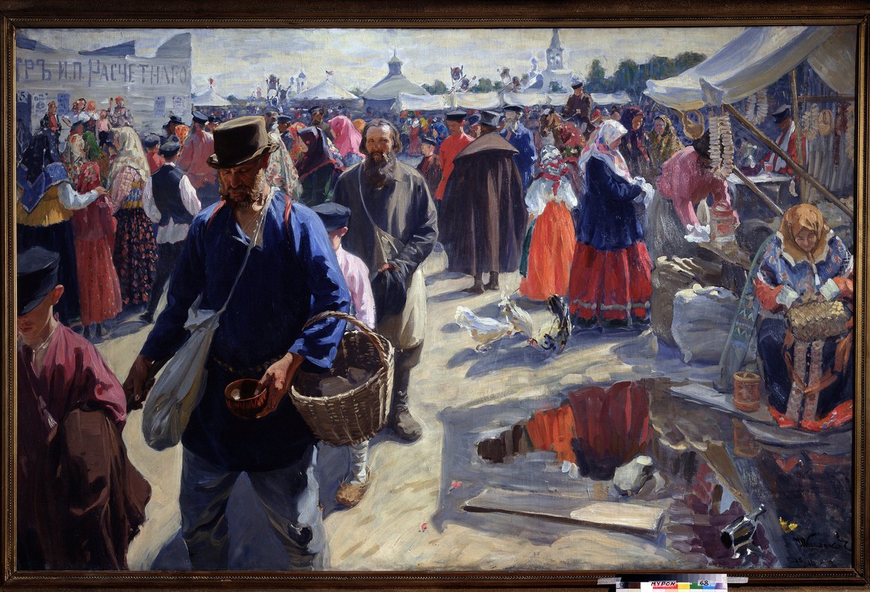 A Vásár (A Fair). Piaci jelenet egy orosz tartományi városban, hagyományos légkörben, parasztok és árusok társaságában. Ivan Szemjonovics Kulikov (Koulikov) (1875-1941) festménye, olaj, vászon alkotó: Ivan Semyonovich Kulikov