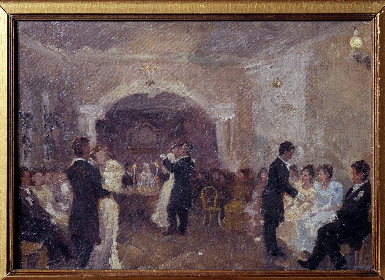 A kereskedő bál. Párok táncolnak, fiatal, fehérbe öltözött lányok ülve várják a táncmeghívást. Ivan Szemjonovics Kulikov (Koulikov) (1875-1941) festménye, olaj, vászon alkotó: Ivan Semyonovich Kulikov
