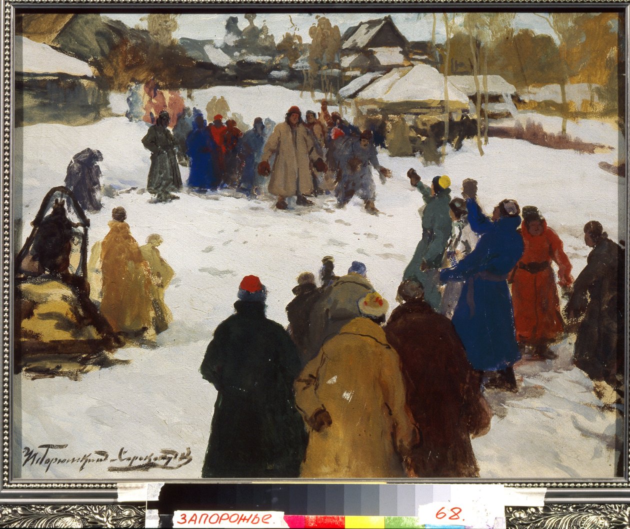 Fig harc. (Ökölharc), 1910 körül (tempera, karton) alkotó: Ivan Silych Goriuschkin Sorokopudov