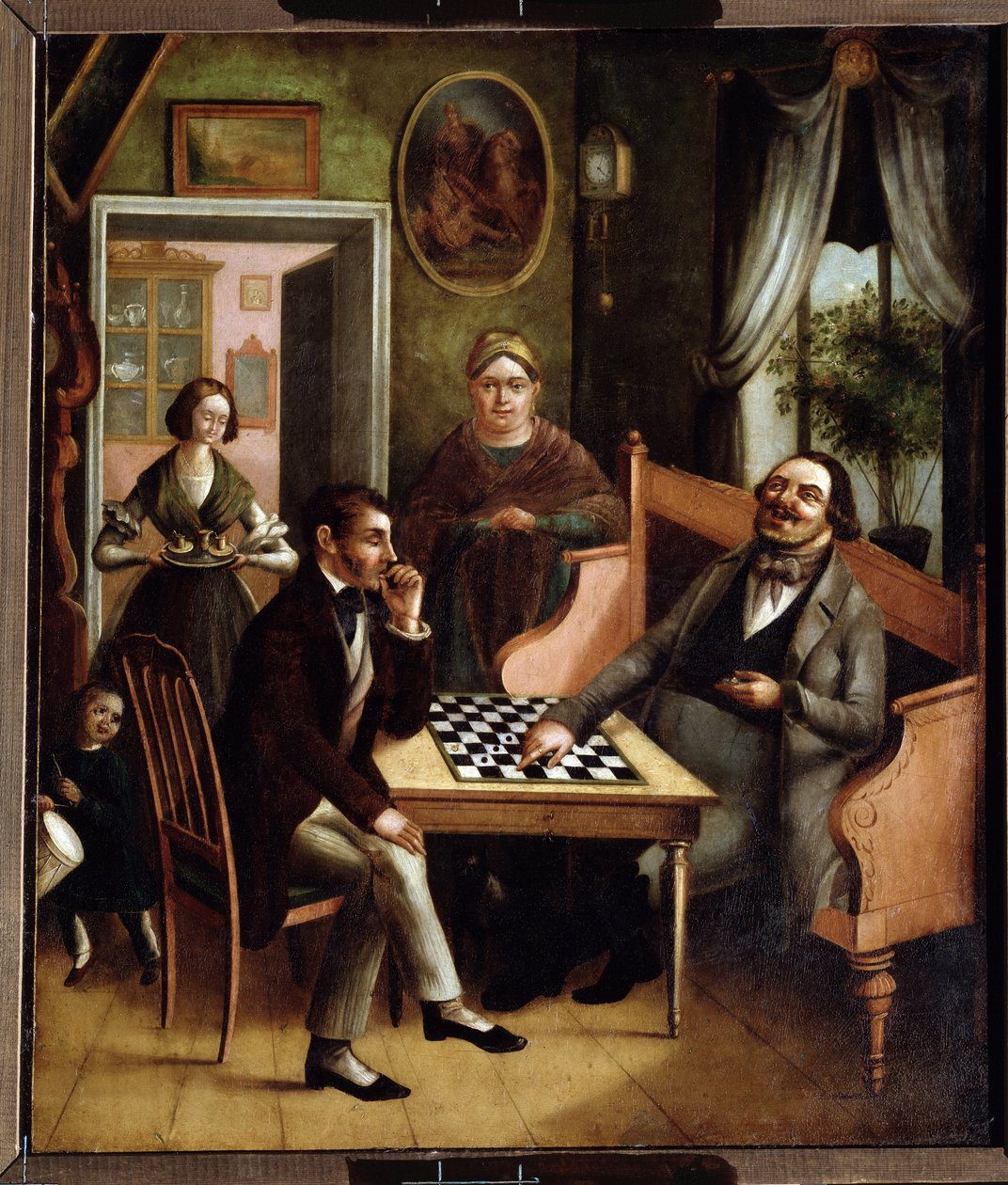 ""A dámajátékosok"" Orosz burzsoák csoportja egy belső térben. Ivan Sztyepanovics Doscsennyikov (1812-1893) festménye 1840-1850 Állami Művészeti Galéria, Perm, Oroszország alkotó: Ivan Stepanovich Doshchennikov
