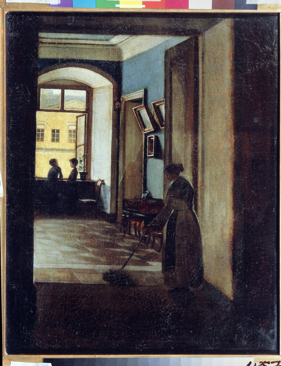 ""Kilátás egy belső térre"" Egy szolga elhalad a felmosó mellett a folyosó (egy iskola?) árnyékában. Ivan Trofimovich Durnov (1801-1847) festménye, Tatár Köztársaság Állami Művészeti Múzeuma, Kazan alkotó: Ivan Trofimovich Durnov