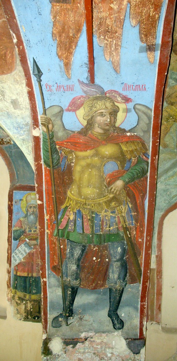 Szent Mihály arkangyal - Ivan Jakovlevics Bahmatov freskója (aktív 18. század eleje), freskó a novgorodi Jel Szűzanya-székesegyházban (Oroszország) - (Szent Mihály arkangyal, Ivan Jakovlevics Bahmatov freskója a mi székesegyházban Hölgy alkotó: Ivan Yakovlevich Bakhmatov