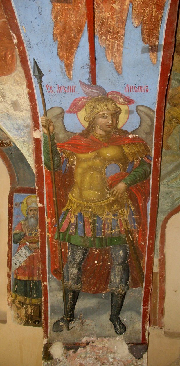 Szent Mihály arkangyal. Freskó a Szűzanya-székesegyházban, Novgorod, XVIII. század eleje. alkotó: Ivan Yakovlevich Bakhmatov